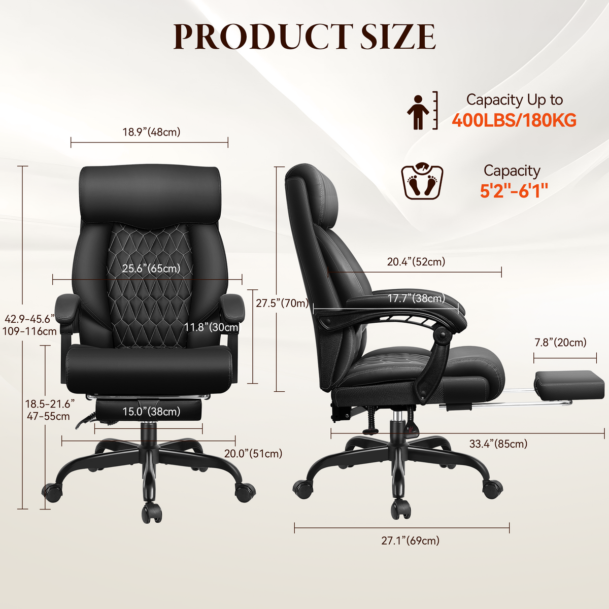 Big and Tall Office Chair with Footrest - Ergonomic High Back Leather Executive Computer Chair | Reclining Home Office Desk Chair with Lumbar Support