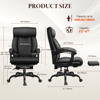 Big and Tall Office Chair with Footrest - Ergonomic High Back Leather Executive Computer Chair | Reclining Home Office Desk Chair with Lumbar Support