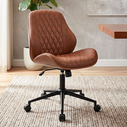 BestGlory Modern Faux Leather Office Chair, Armless Desk Chair, Home Office Diamond Stitching, Rocking, Walnut Accents, Adjustable Height, 360° Swivel, Rolling, 300 lbs Capacity, Computer Chair