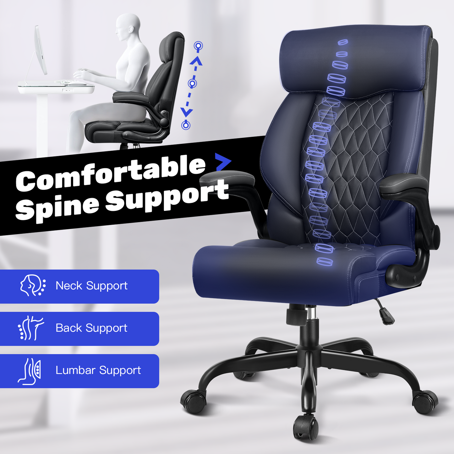 Model 488 High Back Executive Office Chair - Ergonomic Computer Desk with Rocking Function, Leather Managerial with Adjustable Flip-Up Armrests and Lumbar Support
