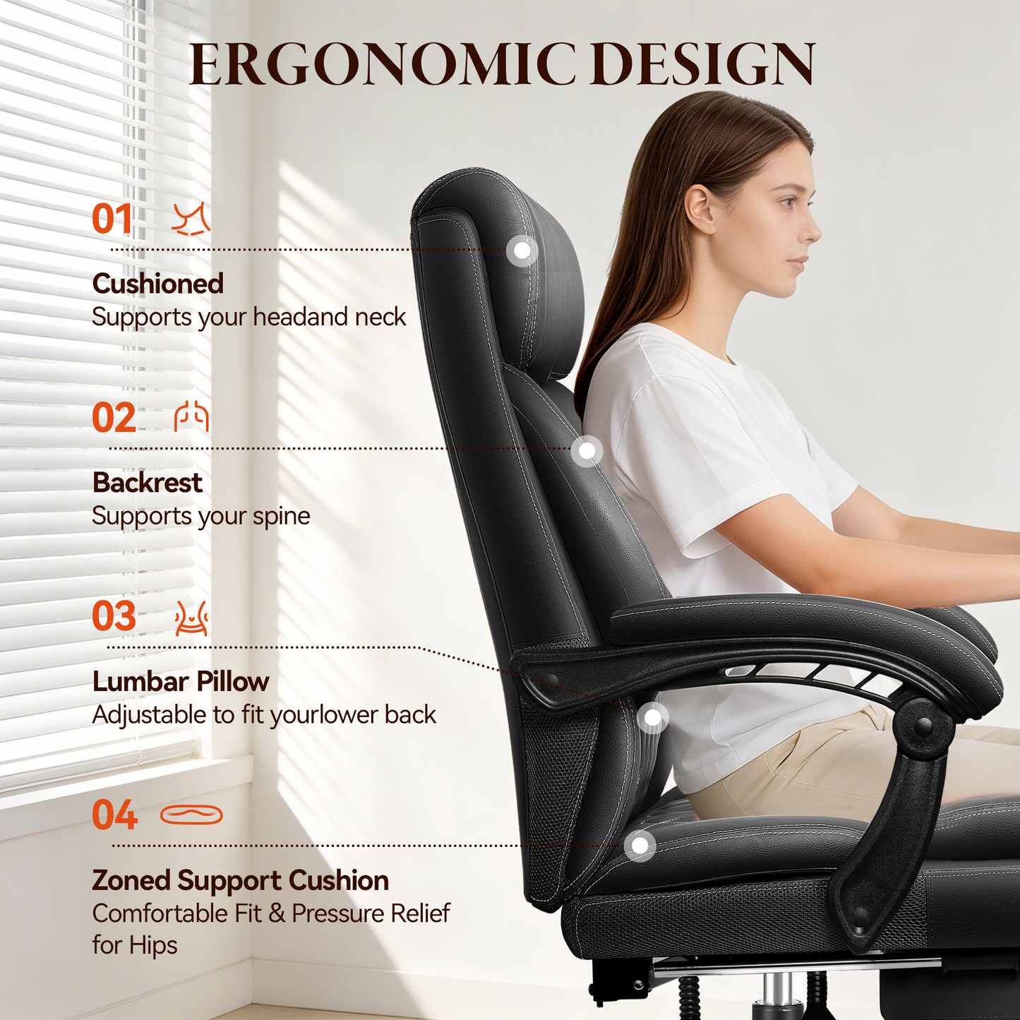 Big and Tall Office Chair with Footrest - Ergonomic High Back Leather Executive Computer Chair | Reclining Home Office Desk Chair with Lumbar Support