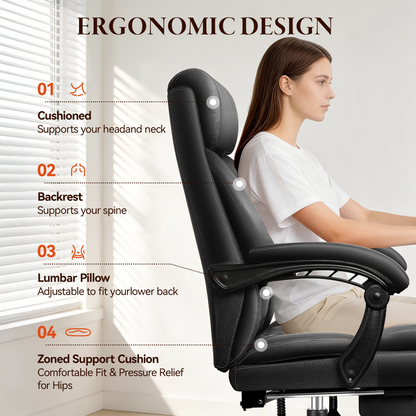 Big and Tall Office Chair with Footrest - Ergonomic High Back Leather Executive Computer Chair | Reclining Home Office Desk Chair with Lumbar Support