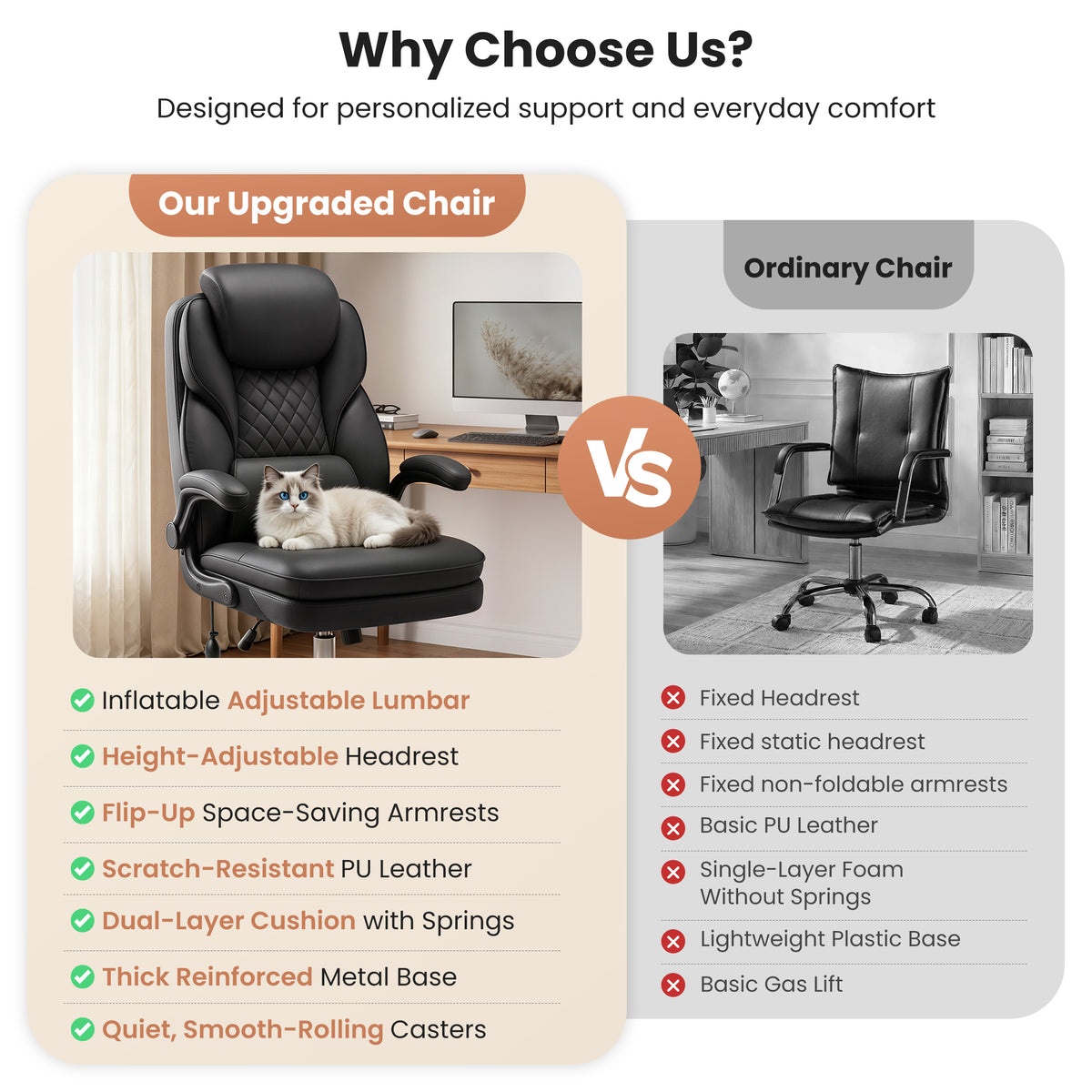 BestGlory Ergonomic Office Chair with Adjustable Lumbar Support & Headrest, Executive Computer Desk Chair with Double Seat Cushion, Big and Tall Gaming Chair for Lower Back Pain Relief