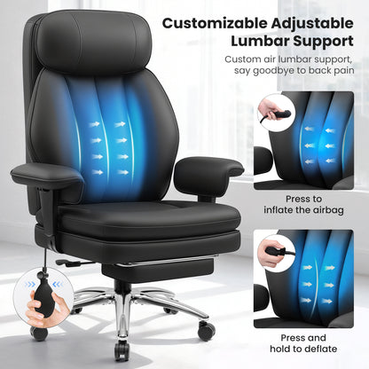 Model 3602 Office Chair 400lbs with Inflatable Lumbar, Ergonomic Double-Layer Cushion & Footrest, Relieve Back Pain, Big and Tall Computer Desk Chair for Home Office Gaming, Scratch-Resistant Leather