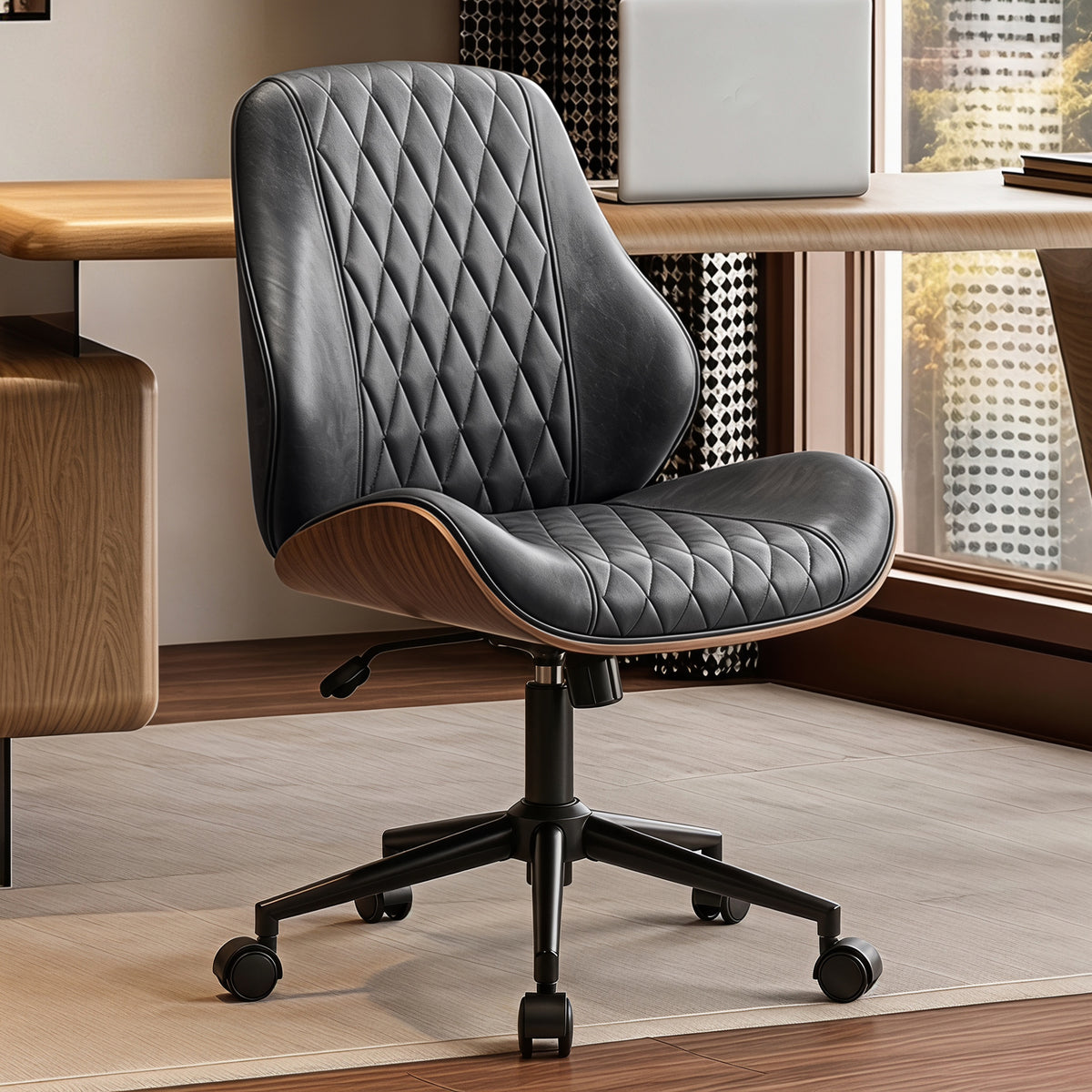 BestGlory Modern Faux Leather Office Chair, Armless Desk Chair, Home Office Diamond Stitching, Rocking, Walnut Accents, Adjustable Height, 360° Swivel, Rolling, 300 lbs Capacity, Computer Chair