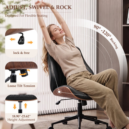 BestGlory Modern Faux Leather Office Chair, Armless Desk Chair, Home Office Diamond Stitching, Rocking, Walnut Accents, Adjustable Height, 360° Swivel, Rolling, 300 lbs Capacity, Computer Chair